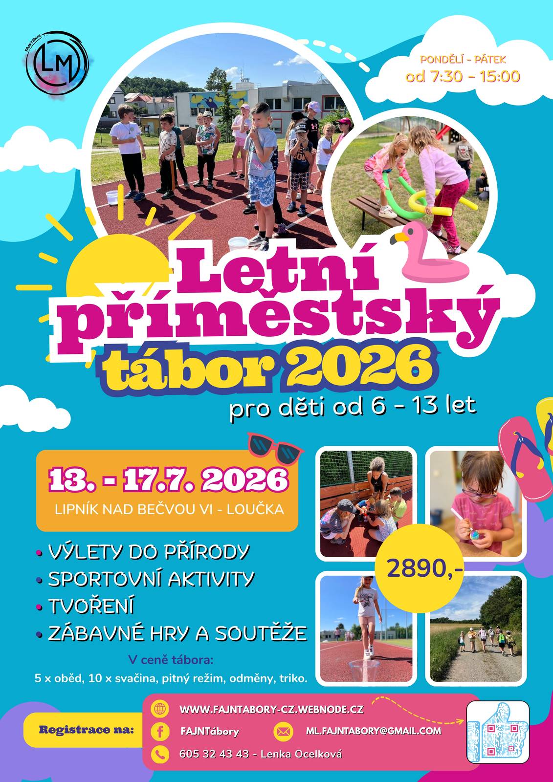 Letní příměstský tábor 2026 - Lipník nad Bečvou VI-Loučka pro děti od 6-13 let se koná ve dnech 13.-17. 7. 2026, pondělí - pátek od 7:30 - 15:00 hodin.