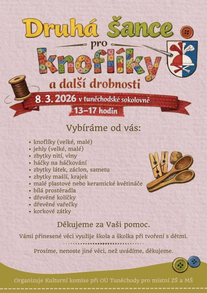 Milí spoluobčané, máte doma nepotřebnou galanterii nebo zbytky látek? Prosíme, doneste tyto věci v neděli 8. března mezi 13 a 17 hodinou do místní sokolovny, děkujeme.