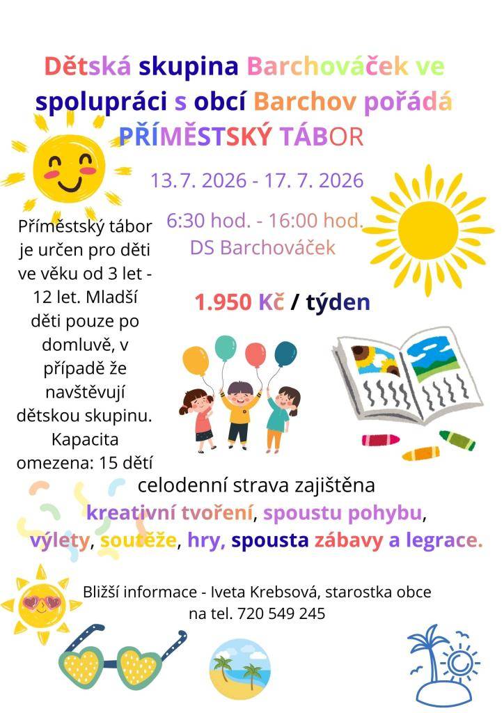 Bližší informace k příměstskému táboru naleznete v přiloženém letáku. V případě zájmu kontaktujte, prosím,  p. starostku na tel. 720 549 245.