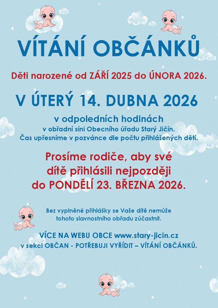 Své dítě narozené do obce v období září 2025 - únor 2026 můžete přihlásit nejpozději do pondělí 23. března