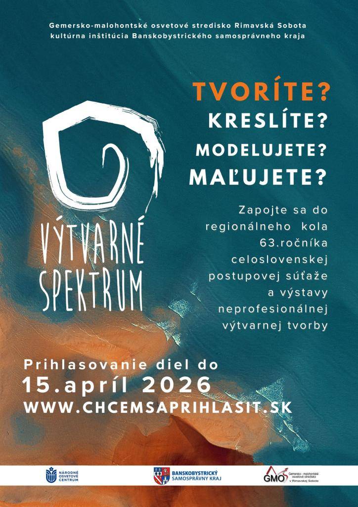 Gemersko-malohontské osvetové stredisko v Rimavskej Sobote Vás pozýva zapojiť sa do regionálneho kola 63. ročníka celoslovenskej postupovej súťaže a výstavy neprofesionálnej výtvarnej tvorby. Prihlásiť sa môžete do 15. 04. 2026 na www.chcemsaprihlasit.sk.