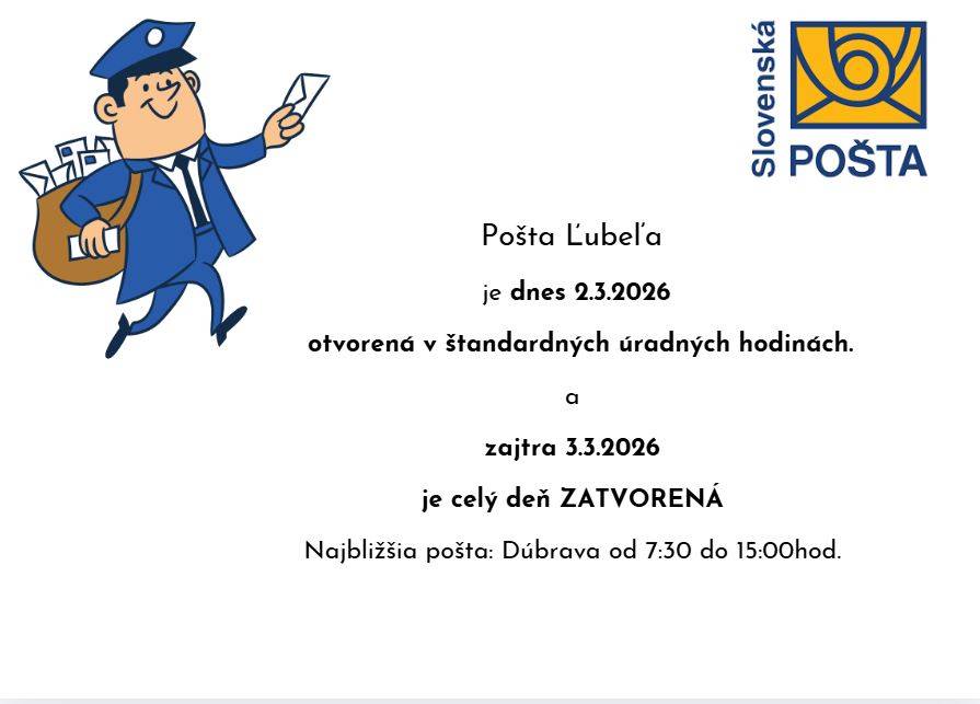 Oznamujeme občanom, že pošta je dnes otvorená v štandardných úradných hodinách.    Zároveň informujeme, že zajtra bude pošta otvorená.