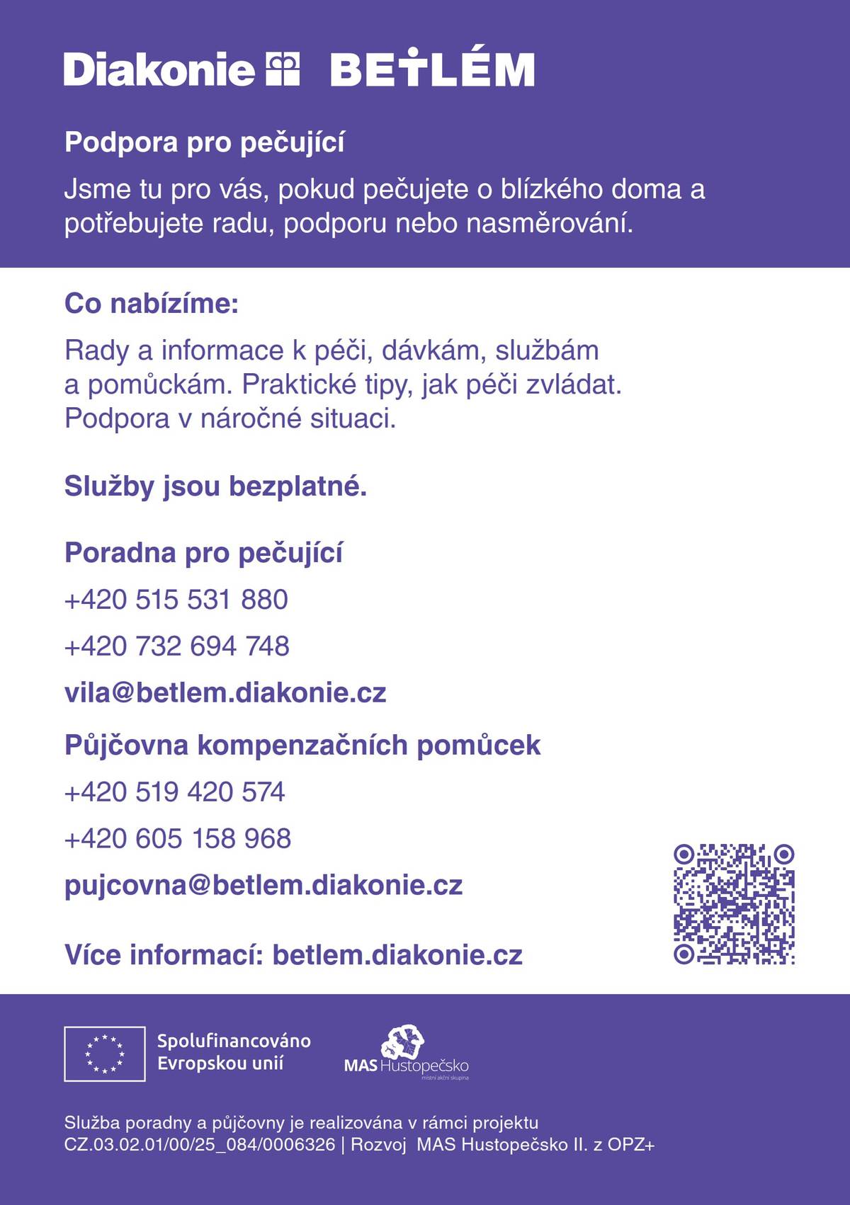 Rozvoj MAS Hustopečsko II. z OPZ+, registrační číslo CZ.03.02.01/00/25_084/0006326, který bude realizován v letech 2025–2028. Cílem projektu je nabídnout včasnou, dostupnou a citlivou pomoc přímo v našem regionu, bez složité administrativy a bez finanční zátěže pro rodiny. Pokud se vás nebo vašich blízkých tato témata týkají, neváhejte se na nás obrátit. Kontakty a bližší informace naleznete na přiložených letácích. MAS Hustopečsko – jsme tu pro vás.