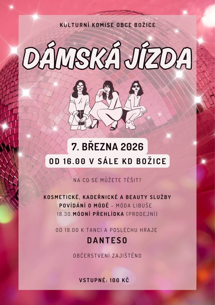 Kulturní komise obce Božice pořádá akci, která se koná 7. března 2026 od 16:00 v sále KD Božice. Na programu jsou kosmetické, kadeřnické a beauty služby.