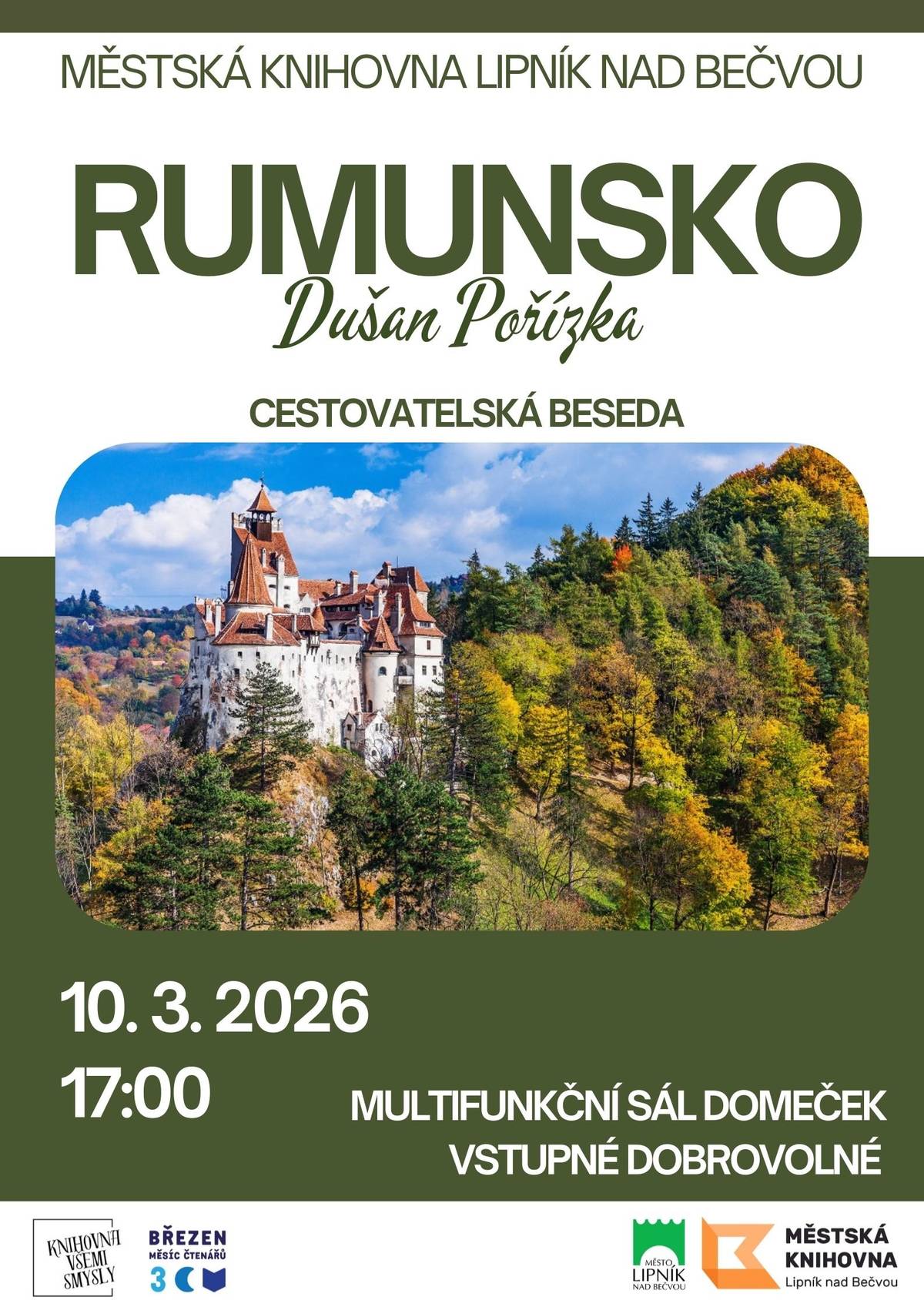Hory, hluboká údolí, tradiční vesnice i divoká příroda – Rumunsko je zemí plnou kontrastů a překvapení. Městská knihovna zve v úterý 10. března od 17:00 hodin do multifunkčního sálu Domeček na přednášku Dušana Pořízky, který vám představí tuto pozoruhodnou zemi, její krajinu, kulturu i zajímavá místa. Vstupné dobrovolné.