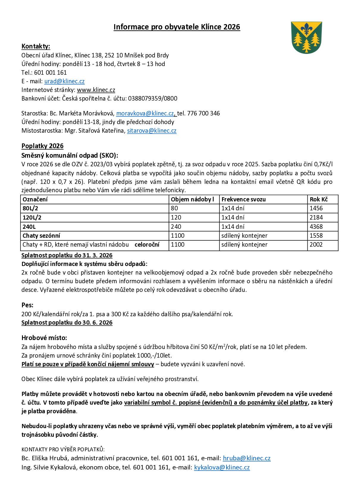 Informace pro obyvatele Klínce 2026