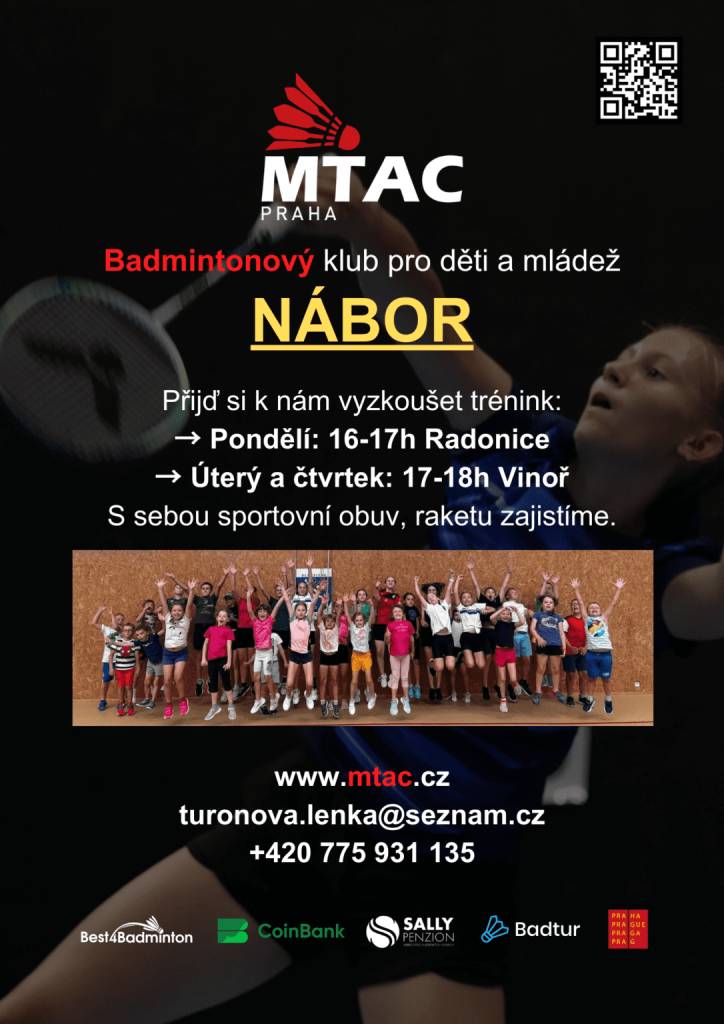 Badmintonový klub pro děti a mládež zahajuje nábor nových členů. Přijďte si vyzkoušet trénink na pondělí v Radonicích nebo na úterý a čtvrtek ve Vinoři.