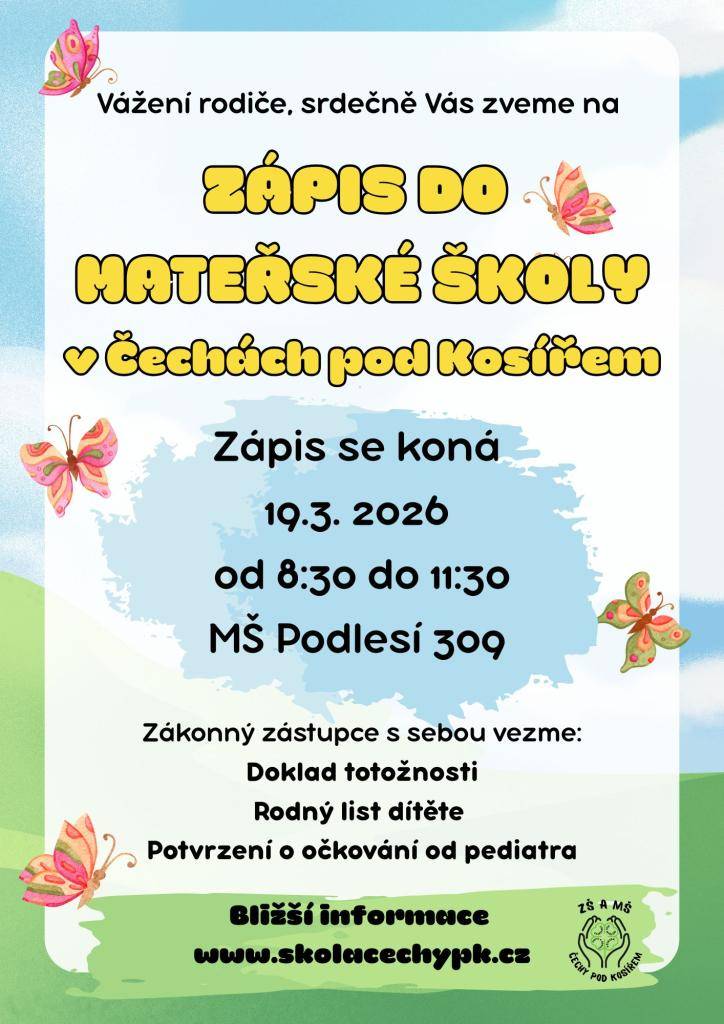 Srdečně Vás zveme na zápis dětí do MŠ ve čtvrtek 19.3. od 8:30 do 11:30.