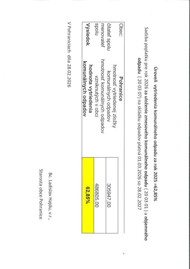 Sadzba poplatku pre rok 2026 za uloženie zmesového komunálneho odpadu ( 20 03 01 ) a objemného odpadu  ( 20 03 07) na skládku odpadov platná 01.03.2026 so 28.02.2027