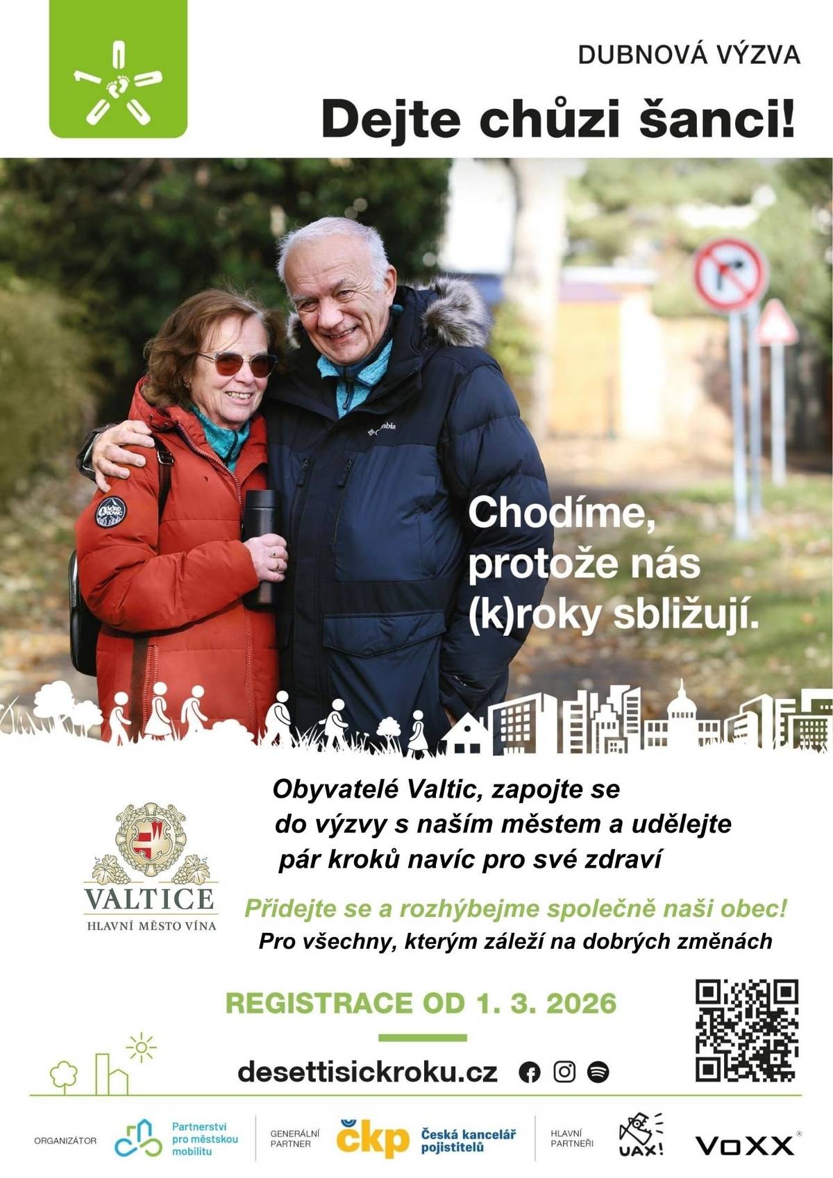 Už potřetí se můžete ve Valticích přihlásit do krokové výzvy. Nejlepší chodce oceníme. Přihlásit se můžete zde : https://www.desettisickroku.cz/ Cílem není ujít 10 000 kroků, ale stanovit si na daný měsíc takovou osobní výzvu, která vás bude motivovat k znovu navrácení pravidelné chůze do všedního dne.