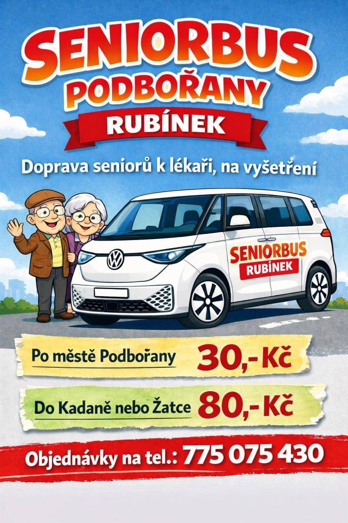 Město Podbořany pro své občany od měsíce března 2026 zavádí novou službu. „Rubínek“ Senior Bus Podbořany bude našim občanům pomáhat s dopravou, především k návštěvám zdravotnických zařízení v okolí.