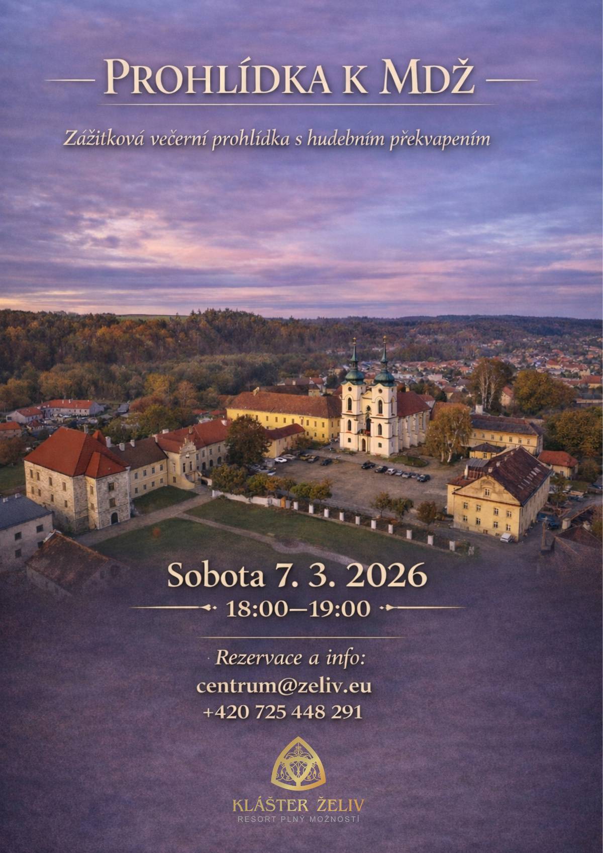 Resort Klášter Želiv vás zve v sobotu 7. března 2026 od 18:00 na večerní zážitkovou prohlídku u příležitosti Mezinárodního dne žen. Komentovaná prohlídka nabídne netradiční pohled na vybrané prostory kláštera a bude doplněna hudebním překvapením. Kapacita je omezena, doporučujeme včasnou rezervaci.