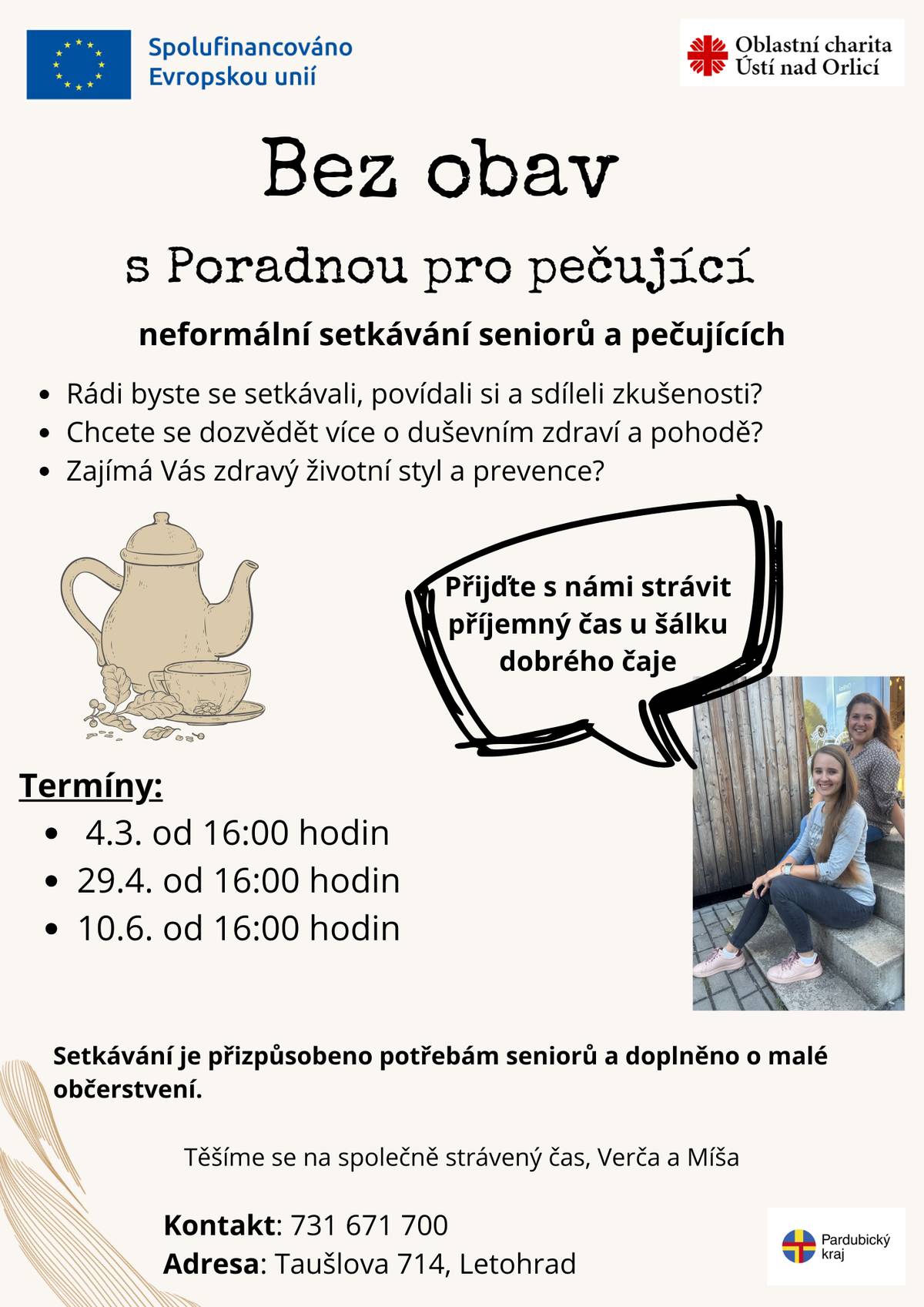 Zveme vás na neformální setkávání seniorů a pečujících ve středu 4. 3. 2026, 29. 4. 2026 a 10. 6. 2026 od 16 hodin na adrese Taušlova 714, Letohrad.