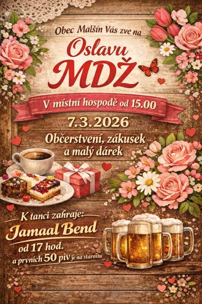 Oslava Mezinárodního Dne Žen v Malšíně se koná v místní hospodě v sobotu 7. března 2026. Začátek akce je naplánován na 15:00, kdy si můžete vychutnat skvělou zábavu. Od 17:00 zahraje skupina Jamaal Bend, která se postará o dobrou náladu.