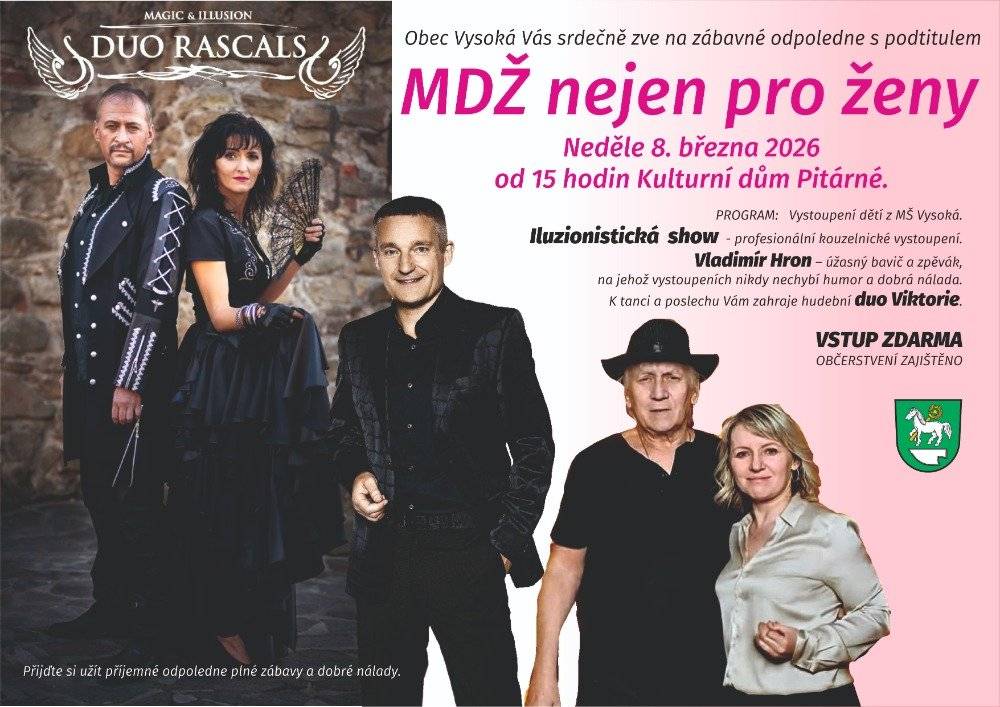 Co nejsrdečněji Vás zveme na zábavné odpoledne s podtitulem "MDŽ nejen pro ženy", které se uskuteční v neděli 8.3.2026od 15,00 hodin v kulturním domě v Pitárné. Vstupné zdarma, občerstvení zajištěno