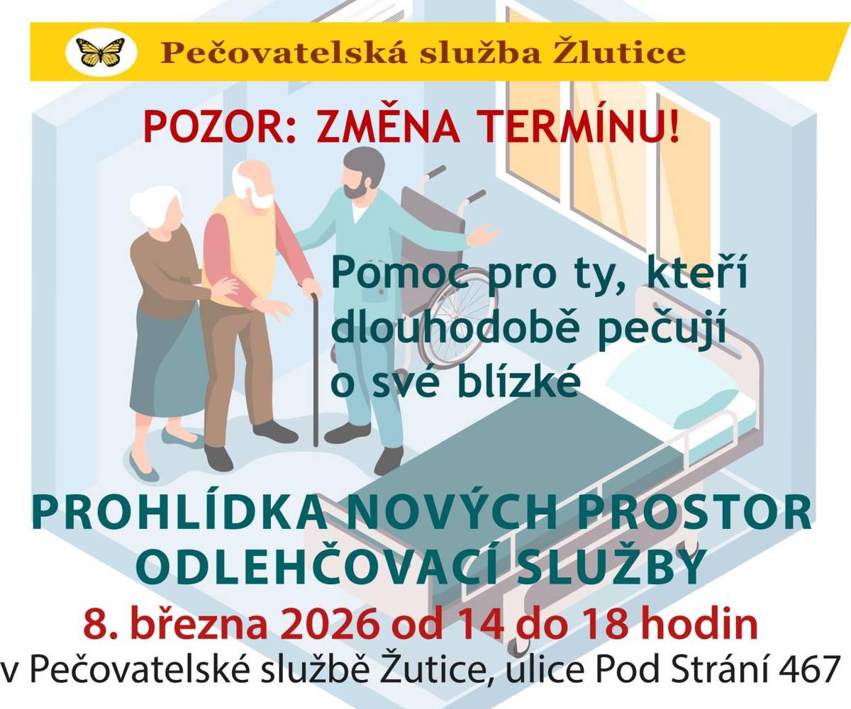 Pečovatelská služba Žlutice zavedla od ledna 2026 novou službu pro neformálně pečující osoby - pro ty, kteří se dlouhodobě starají o své blízké. Přijďte se podívat do  nových prostor odlehčovací služby, a to v neděli 8. 3. 2026 od 14 do 18 hodin.