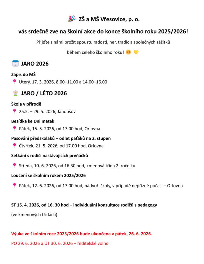 ŽŠ a MŠ Vřesovice - akce do konce školního roku 2025/2026