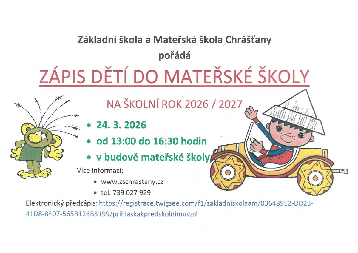 Termín přijímacího řízení na školní rok 2026/2027 je ve dnech: 24. 3. 2026 od 13:00 do 16:30 hodin v budově mateřské školy.  Informace k zápisu dětí do mateřské školy naleznete na: https://zschrastany.cz/informace-k-zapisu-deti-do-materske-skoly-na-skolni-rok-2026-2027/
