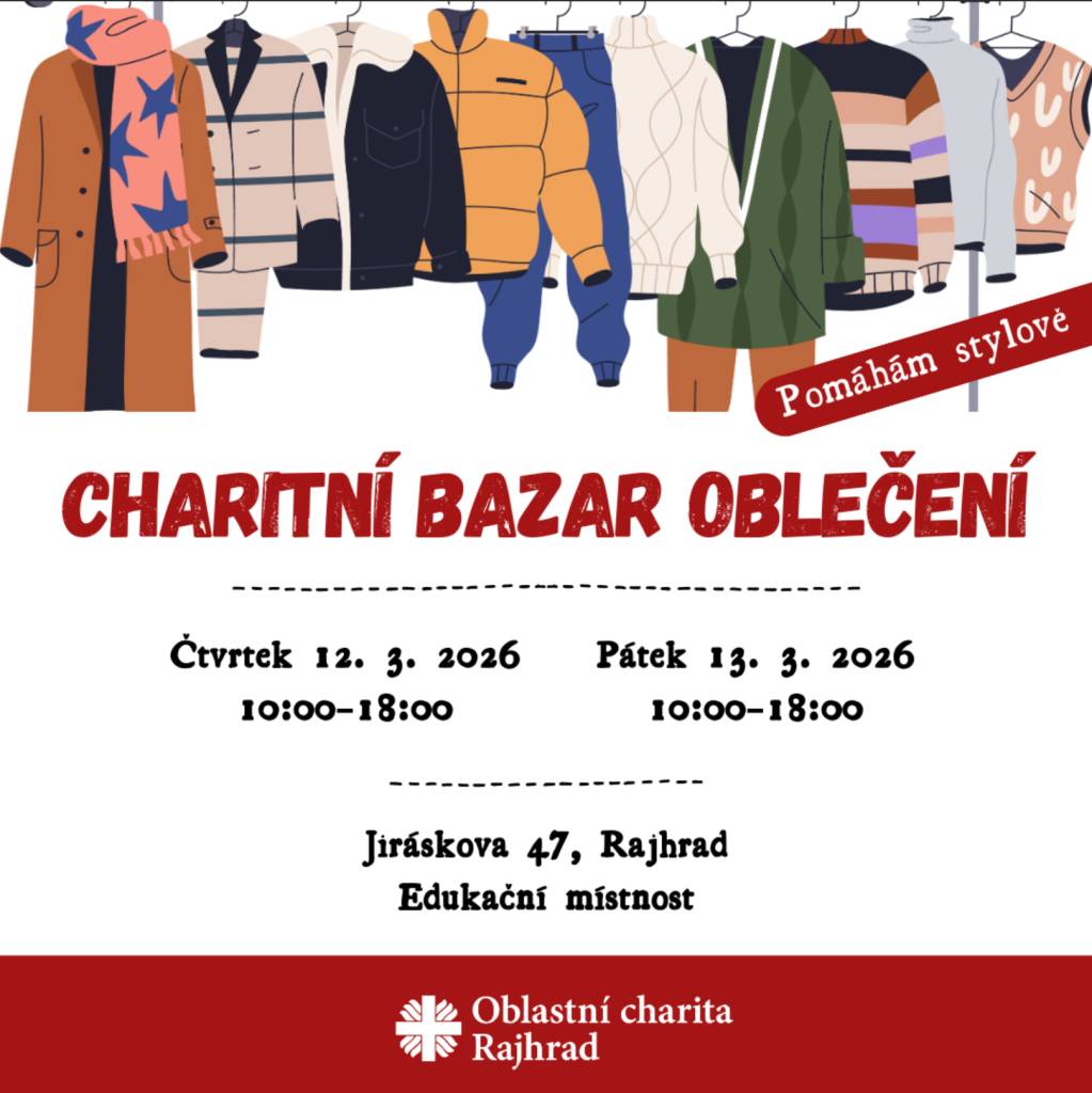 12. a 13. března 2026 od 10:00 do 18:00 hodin v edukační místnosti Jiráskova 47, Rajhrad. Výtěžek z bazárku poputuje na podporu lůžkového hospice v Rajhradě.