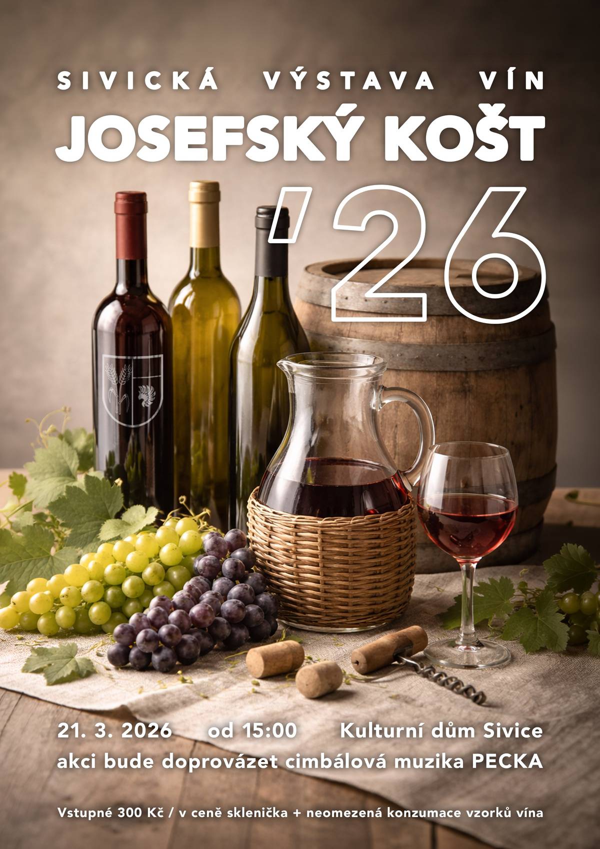 Obec Sivice Vás zve na Josefský košt - v sobotu 21. března 2026 v 15:00h v kulturním domě v Sivicích. Akci doprovodí cimbálová muzika PECKA.  Vstupné 300 Kč - v ceně je zahrnuta sklenička a neomezená konzumace vzorků vína.