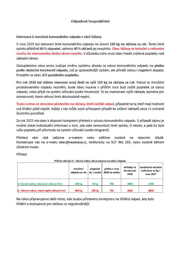 V roce 2025 byl stanoven limit komunálního odpadu na úrovni 160 kg na občana za rok. Tento limit splnilo přibližně 60 % obyvatel, zatímco 40 % občanů jej nesplnilo.
