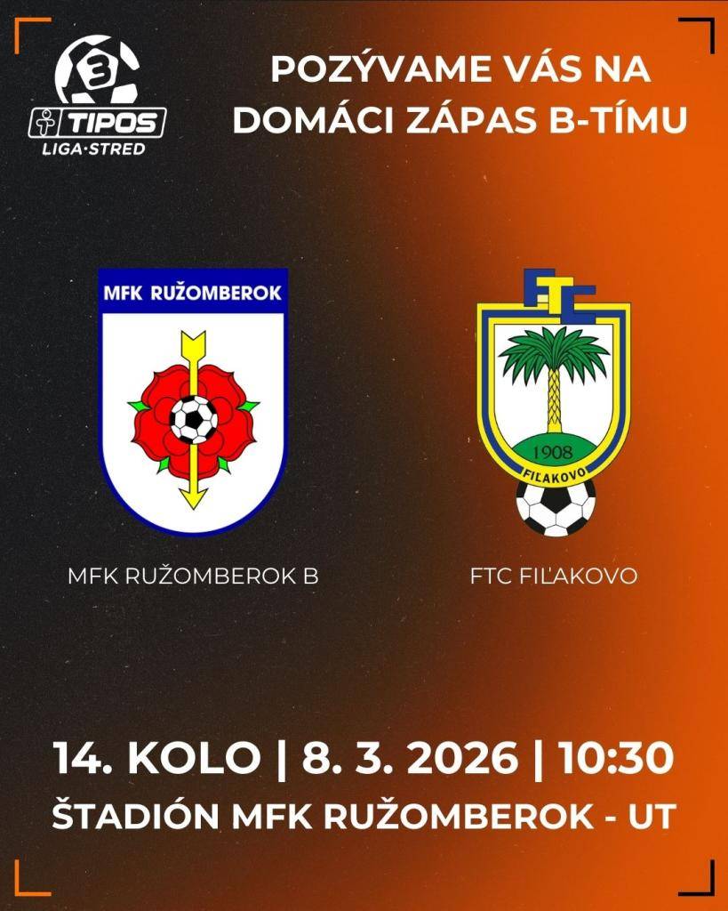 MFK Ružomberok pozýva všetkých športových nadšencov na futbalový zápas 14. kola TIPOS III. Ligy Stred MFK Ružomberok / FTC Fiľakovo 8. 3. 2026 o 10.30 hod. Stretnutie sa odohrá na umelej tráve ružomberského štadióna. Vstup na zápas je zadarmo. Všetci ste vítaní!
