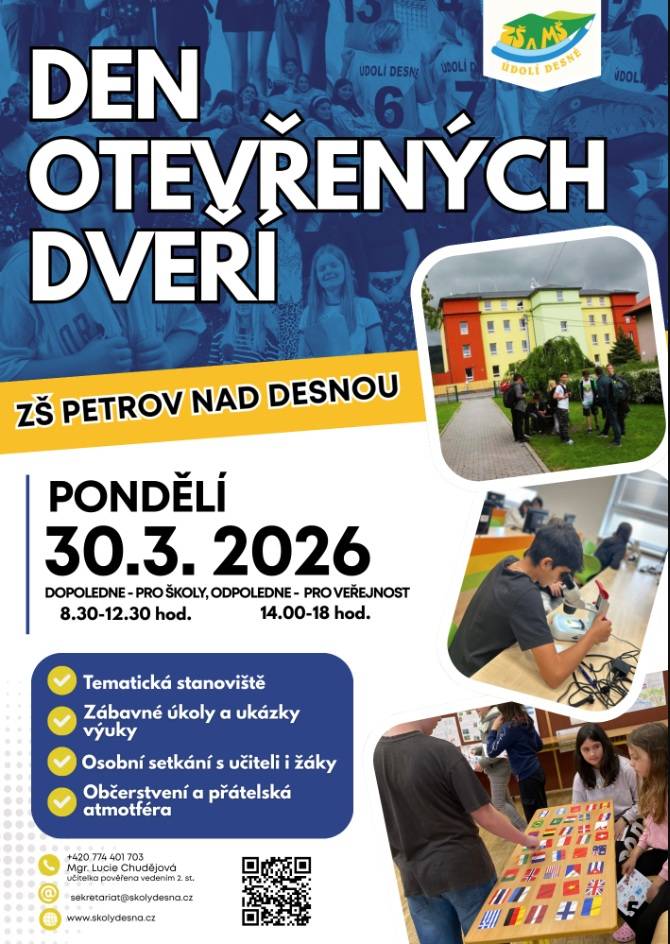> pondělí 30.3.2026   > otevřeno pro školy od 8.30 do 12.30 hodin, pro veřejnost od 14.00 - 18.00 hodin  > těšit se můžete na tematická staveniště, zábavné úkoly a ukázky výuky, osobní setkání s učiteli i žáky  > občerstvení a přátelská atmosféra  > informace podá Mgr. Lucie Chudějová, tel: 774 401