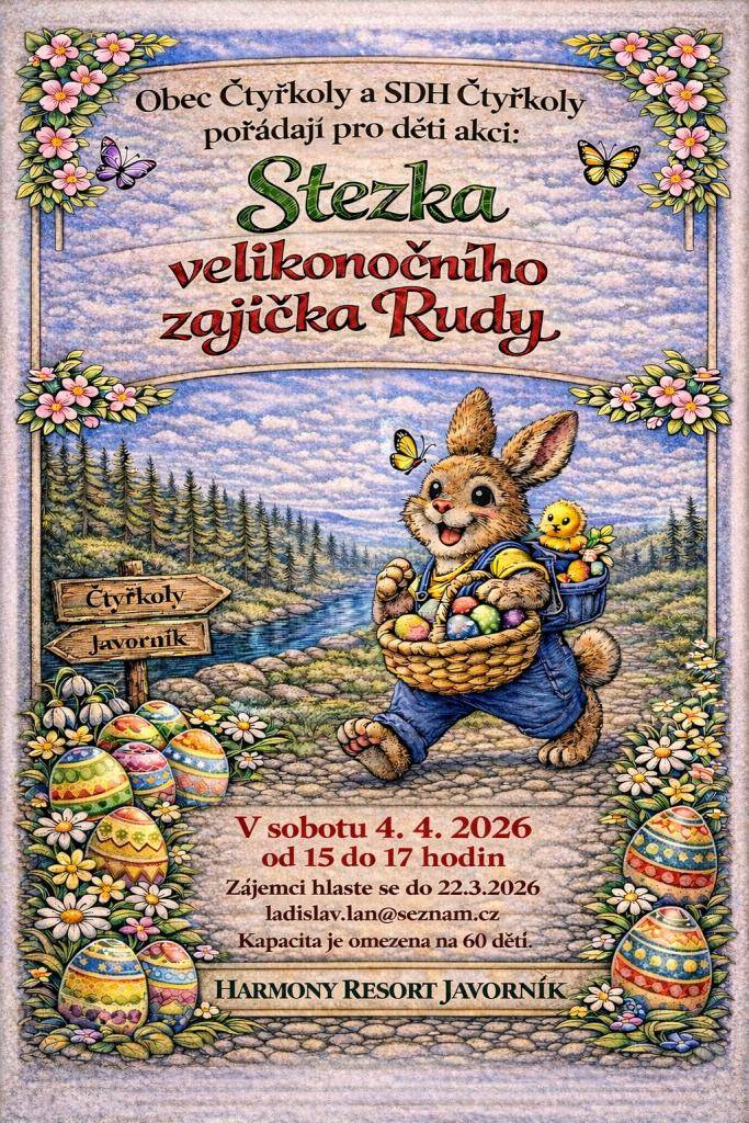 Obec Čtyřkoly a SDH Čtyřkoly pořádají pro děti akci  Stezka velikonočního zajíčka Rudy. Akce se uskuteční v sobotu 4.4. od 15 do 17 hodin v Harmony Resortu Javorník. Zájemci hlaste se do 22.3. na e-mail:  ladislav.lan@seznam.cz Kapacita je omezena na 60 dětí.
