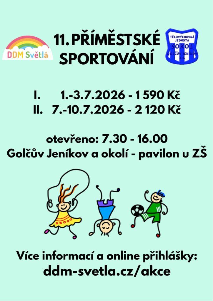 DDM Světlá nad Sázavou nabízí volná místa na již 11. ročníku příměstského sportování, které se bude konat 1.7. - 3.7. 2026 a 7.7.-10.7.2026. Více informací a online přihlášky najdete na: ddm-svetla.cz/akce