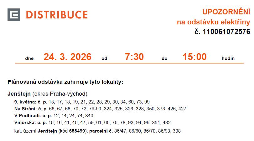 Úterý 24. 3. 2026 od 7:30 do 15:00 hodin.