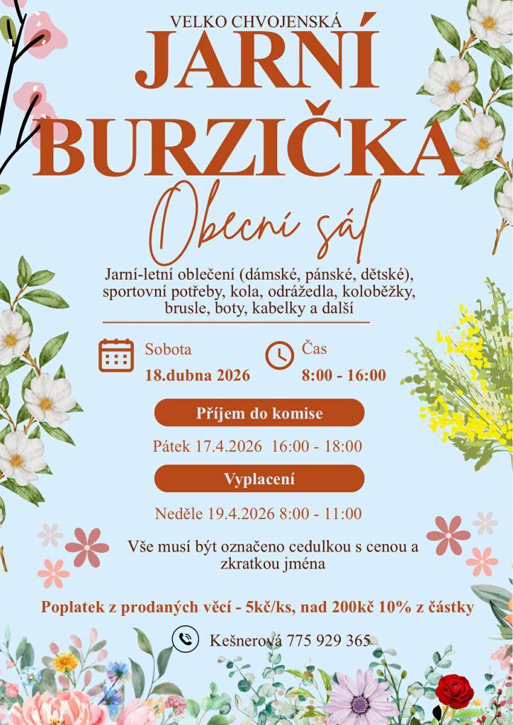 V sobotu 18. dubna 2026, od 8.00 - 16.00 hod.  se uskuteční Jarní burzička na sále Kulturního domu Velké Chvojno. Podrobné informace naleznete v přiloženém letáku.