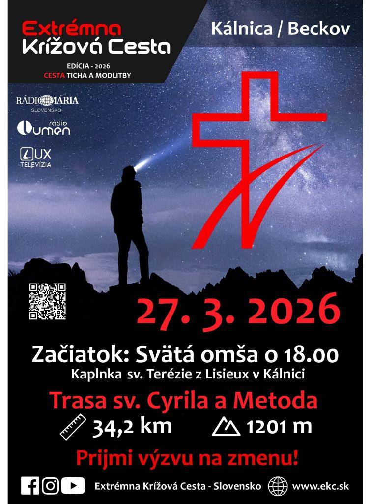 V sobotu 27. marca 2026 sa uskutoční Extrémna Krížová Cesta s názvom 'Cesta ticha a modlitby'. Začiatok je naplánovaný na 18.00 hod. v Kaplnke sv. Terézie z Lisieux v Kálnici, kde sa uskutoční svätá omša.