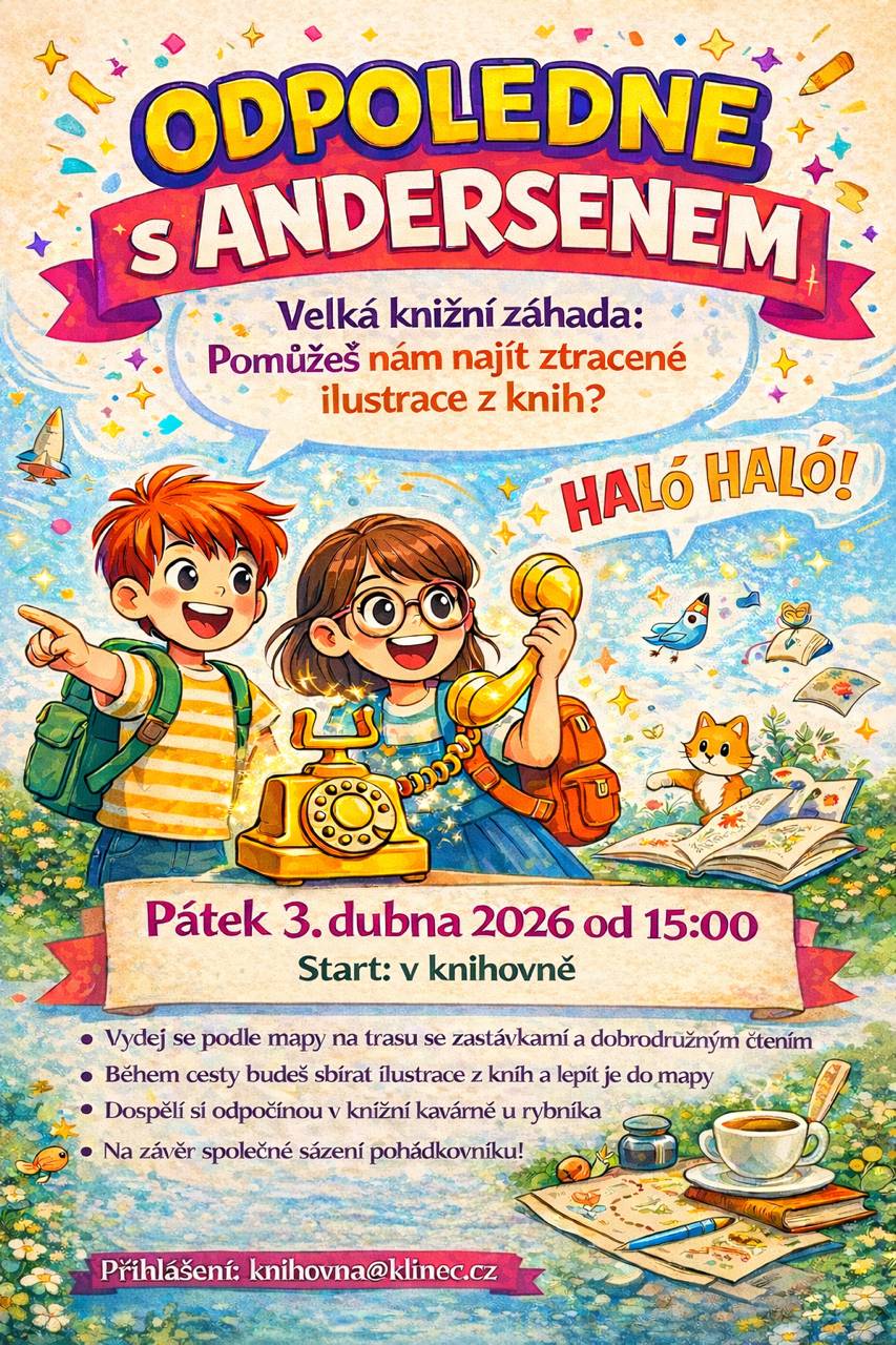 Akci se nám povedlo uskutečnit i díky Vám - dobrovolníkům! Budeme se tedy těšit na dospělé i děti v pátek 3.4.2026 od 15h v obecní knihovně Klínec. Prosím, přihlašujte Vaše děti na uvedený mail.  Děkujeme Obecní knihovna Klínec