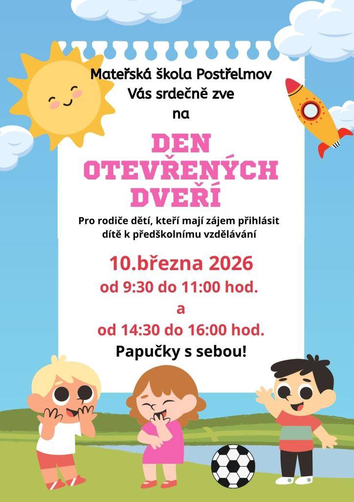 Den otevřených dveří je určen pro rodiče, kteří mají zájem  přihlásit dítě k předškolnímu vzdělávání. Přijít můžete  od 9:30 do 11:00 a od 14:30 do 16:00. Papučky pro děti  s sebou.