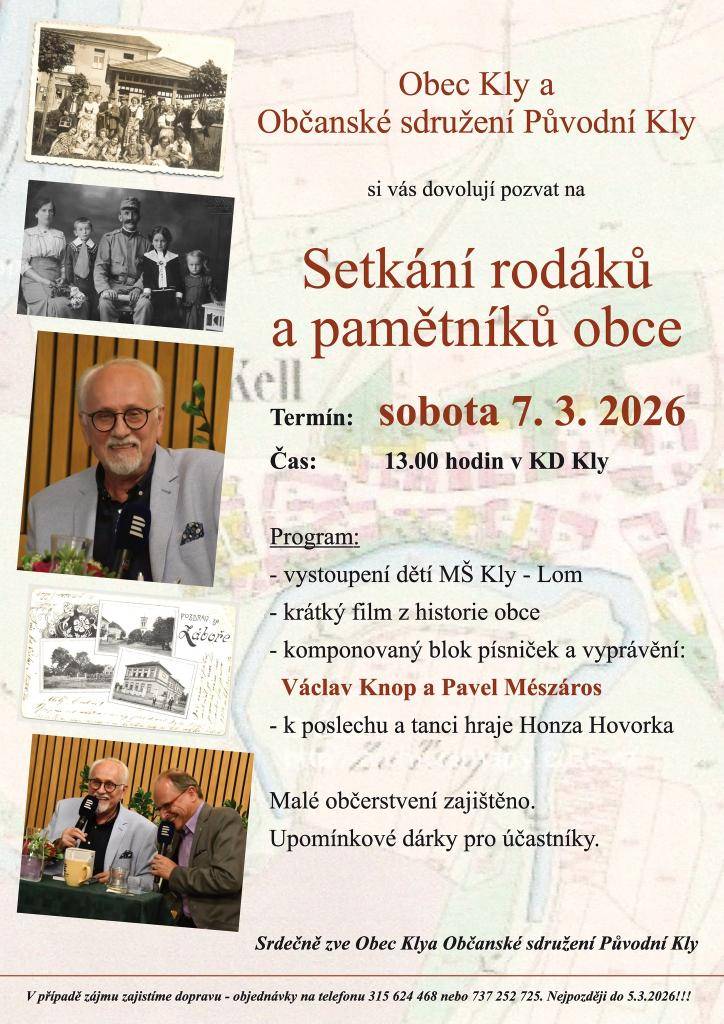 Setkání rodáků a pamětníků obce Kly – 7. 3. 2026