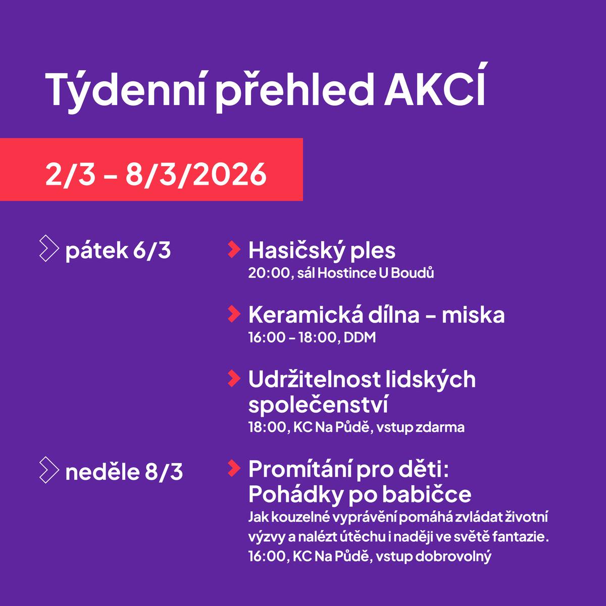 🚒 Hasičský ples už tento pátek! Těšit se ale můžete i na další páteční program: 🏺 Keramickou dílnu 🌍 Přednášku Udržitelnost lidských společenství A v neděli zveme děti na 🎬 promítání pohádky  Více informací najdete níže 👇