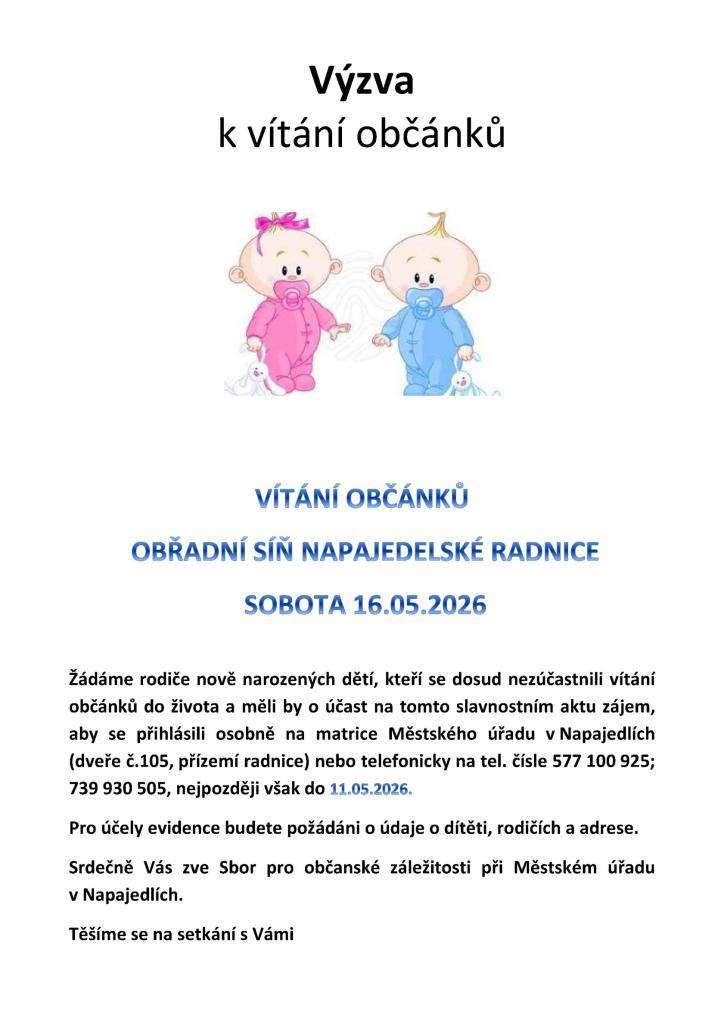 Vítání občánků proběhne 16. května 2026.