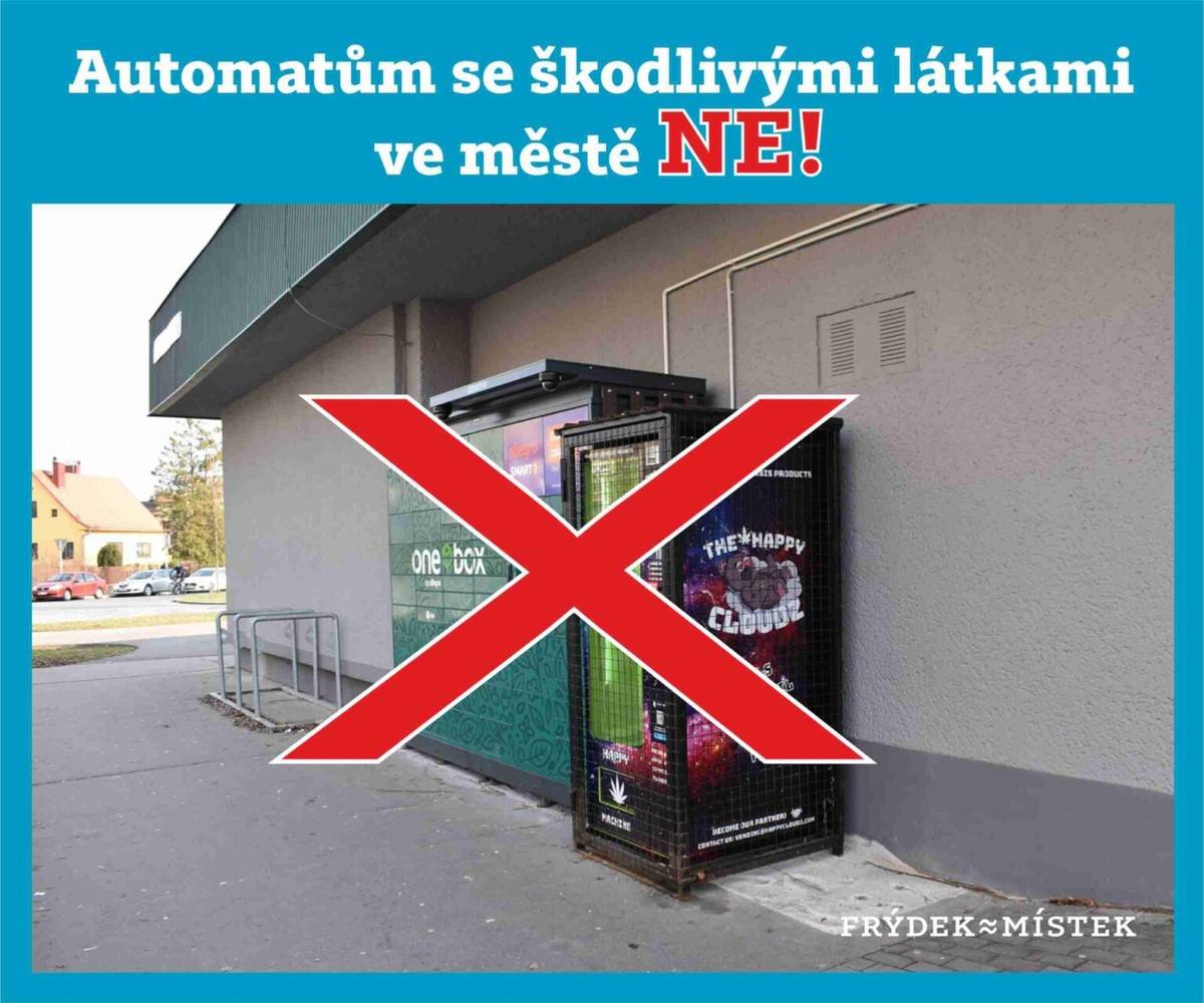 Frýdek-Místek nesouhlasí s umisťováním automatů s psychoaktivními látkami na území města. Svůj postoj rada města potvrdila 3. března 2026 schválením usnesení. Deklaruje v něm, že učiní všechny možné právní kroky, které zajistí, aby na území Frýdku-Místku tyto automaty nebyly. Čtěte na webu města: FRÝDEK-MÍSTEK SE VYMEZIL PROTI AUTOMATŮM S PSYCHOAKTIVNÍMI LÁTKAMI, POSTOJ POTVRDILA RADA MĚSTA | Frýdek-Místek