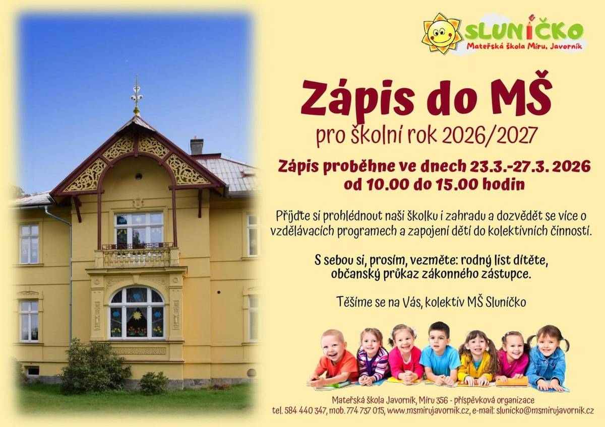 Zápis proběhne od 10:00 - 15:00 hod.   Pro školní rok 2026-2027.