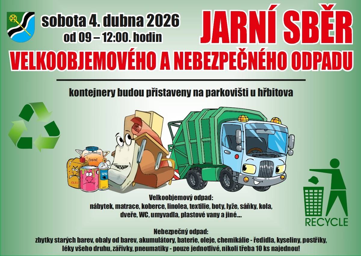 Sobota 4. dubna 2026, od 9 do 12 hodin Kontejnery budou přistaveny na parkovišti u hřbitova Podrobnosti na plakátech.