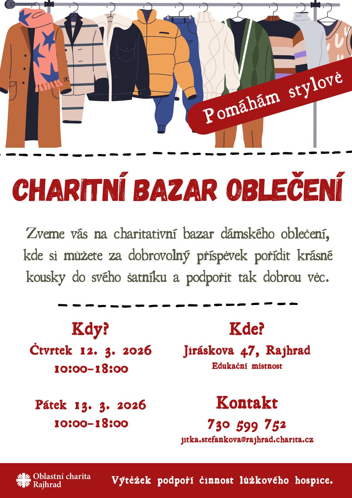 Oblastní charita Rajhrad pořádá ve čtvrtek 12. 3. 2026 Charitativní bazar oblečení.