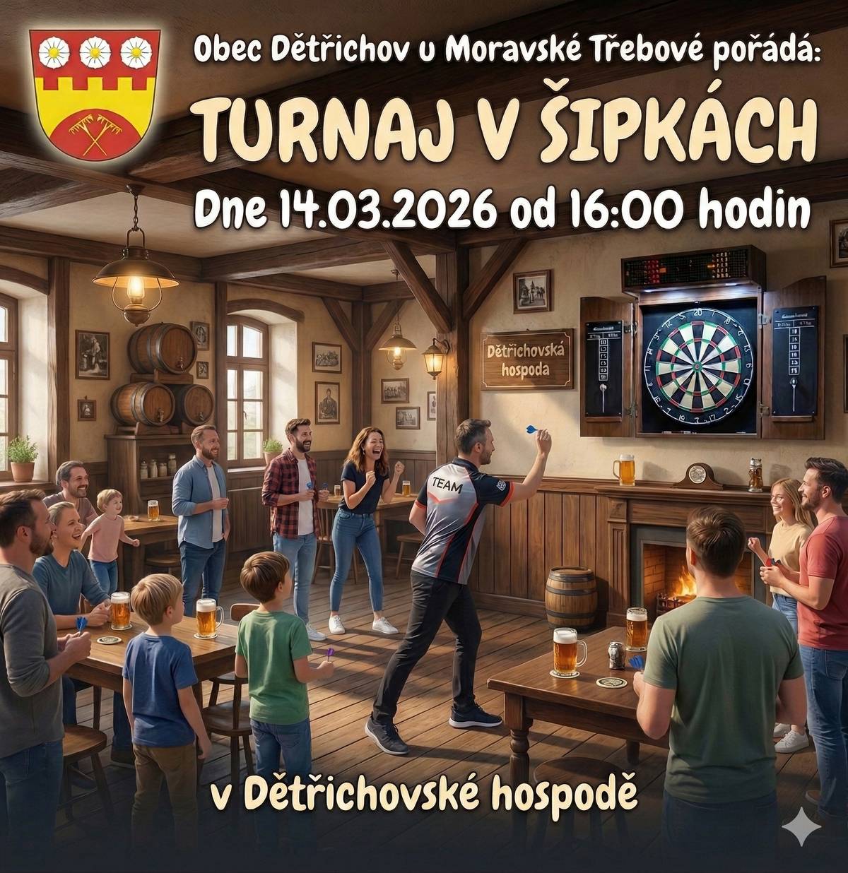 Obec Dětřichov u Moravské Třebové Vás srdečně zve na turnaj v šipkách, který se uskuteční v sobotu 14.03.2026 od 16:00 hod. v Dětřichovské hospodě.