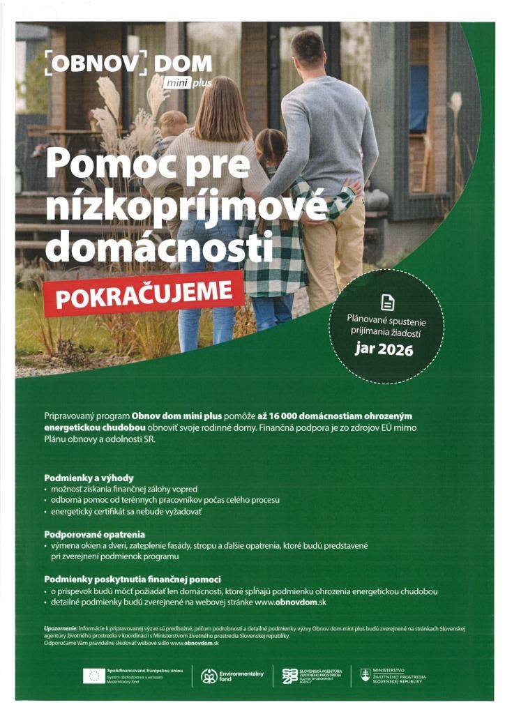 Pomoc pre nízkopríjmové domácnosti - Plánované spustenie prijímania žiadostí- jar 2026