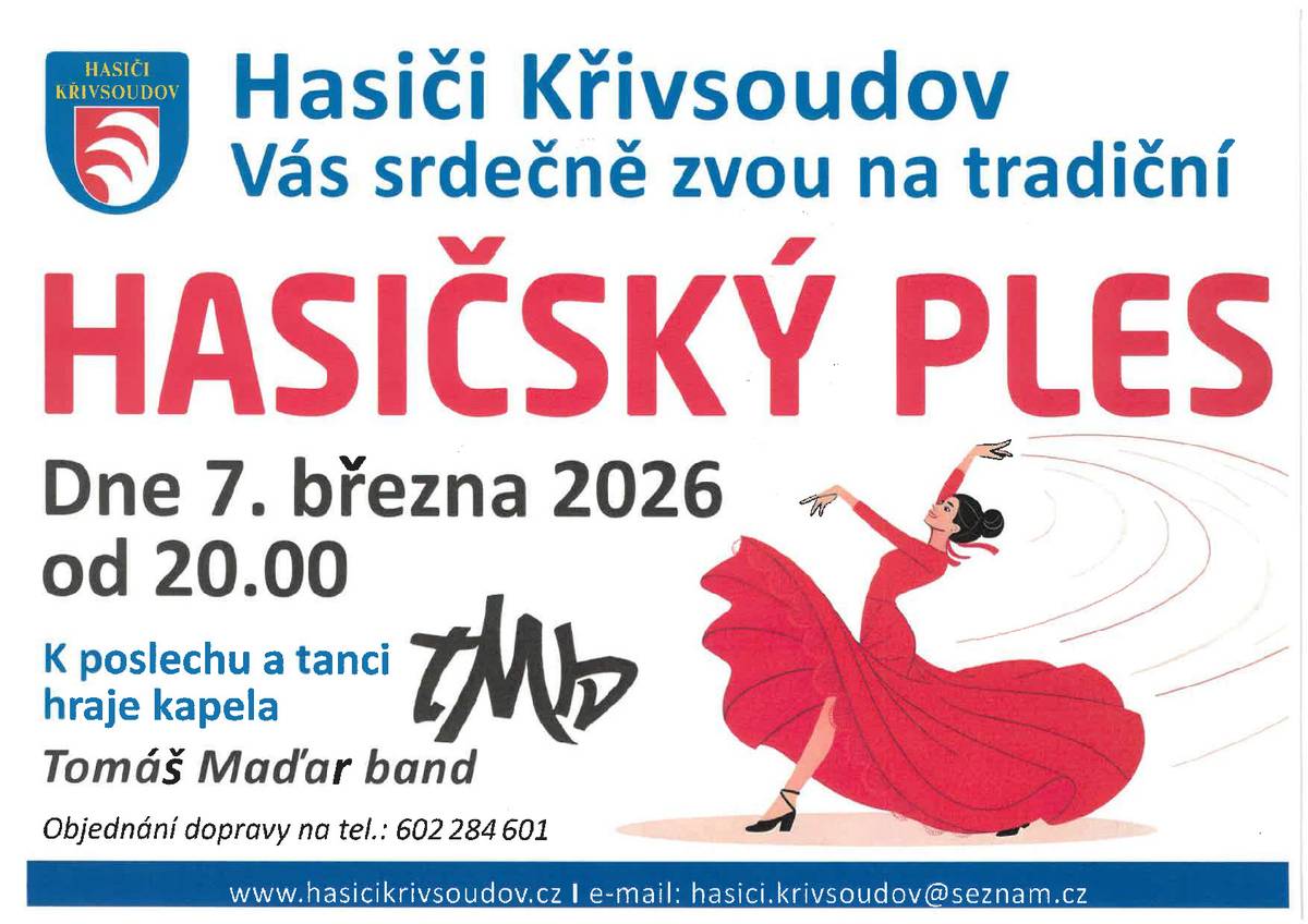 Hasiči Křivsoudov Vás srdečně zvou na tradiční HASIČSKÝ PLES Dne 7. března 2026 od 20:00 hod