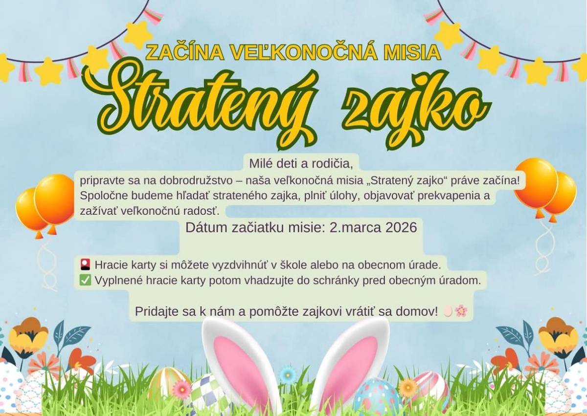 Naša veľkonočná misia „Stratený zajko“ je tu! Pripravte sa na dobrodružstvo, kde budeme hľadať strateného zajka, plniť úlohy a objavovať prekvapenia. Zapojiť sa môžete od 2. marca 2026.