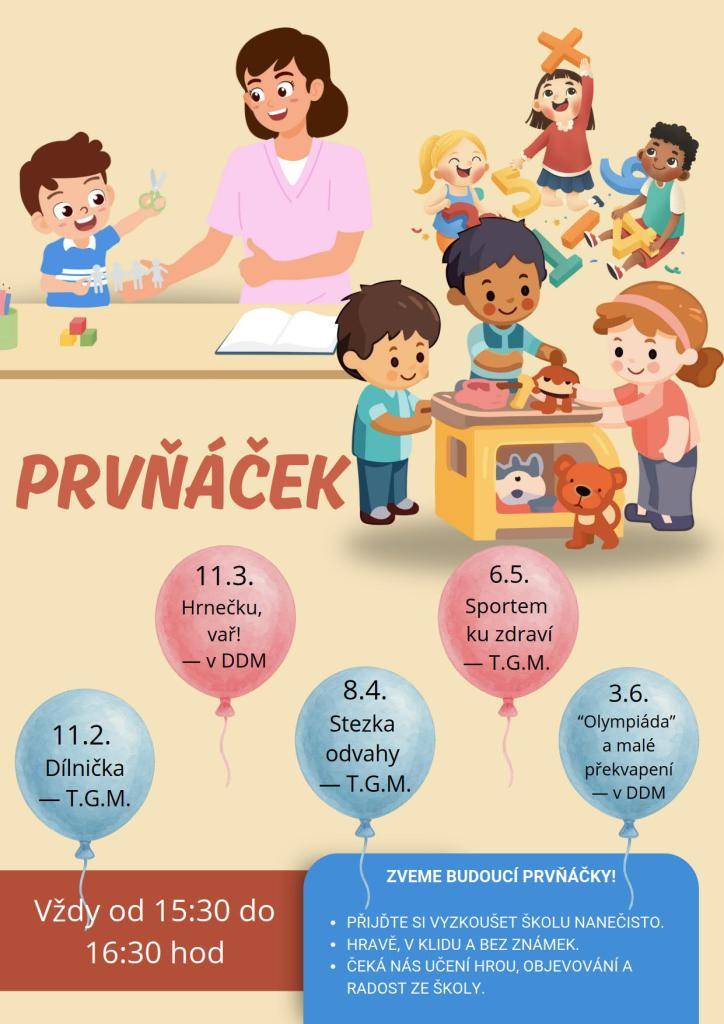 Základní škola T. G. Masaryka Podbořany zve budoucí prvňáčky na vyzkoušení si školy nanečisto.