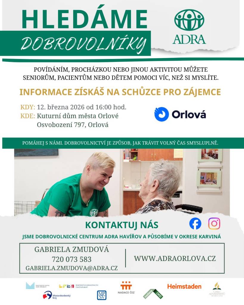 Máte volnou hodinu týdně a chcete pomáhat ostatním? Staňte se dobrovolníkem u seniorů, v nemocnici, ve volnočasovém centru pro děti, u hendikepovaných dospělých… Zkrátka všude tam, kde je potřeba pomocná ruka a milá společnost. Dobrovolnické centrum ADRA Havířov zve na vstupní školení pro nové zájemce, které se koná ve čtvrtek ...