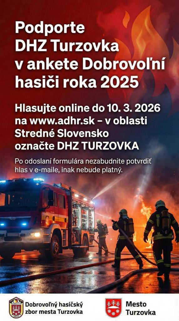 PODPORTE našich dobrovoľných hasičov z DHZ TURZOVKA v celoslovenskej Ankete Dobrovoľní hasiči roka 2025!DHZ Turzovka sa prebojoval medzi finalistov v kategórii Dobrovoľný hasičský zbor v oblasti Stredné Slovensko a teraz potrebujú aj váš hlas.Hlasovanie prebieha online do 10. marca 2026.