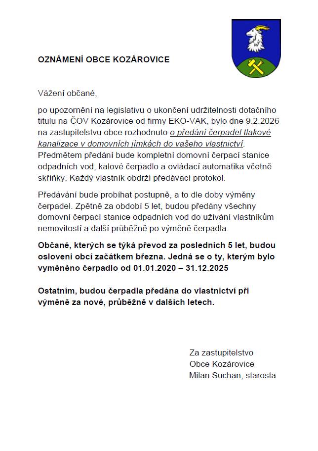 Předání domovních ČOV do vlastnictví