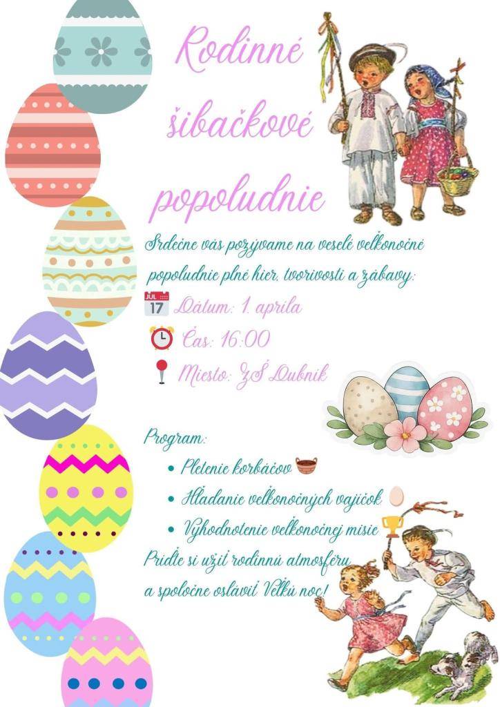 Dňa 1. apríla 2026 o 16:00 hod. sa uskutoční rodinné šibačkové popoludnie v našej obci. Srdečne pozývame rodiny, aby sa zúčastnili a užili si príjemné popoludnie.